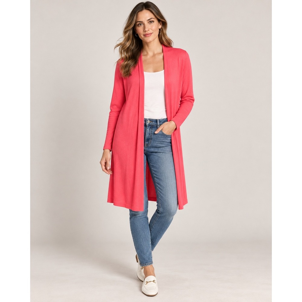 J.McLaughlin Cardigan Women Small Coral Pink Longline Open Front Cotton Cashmere